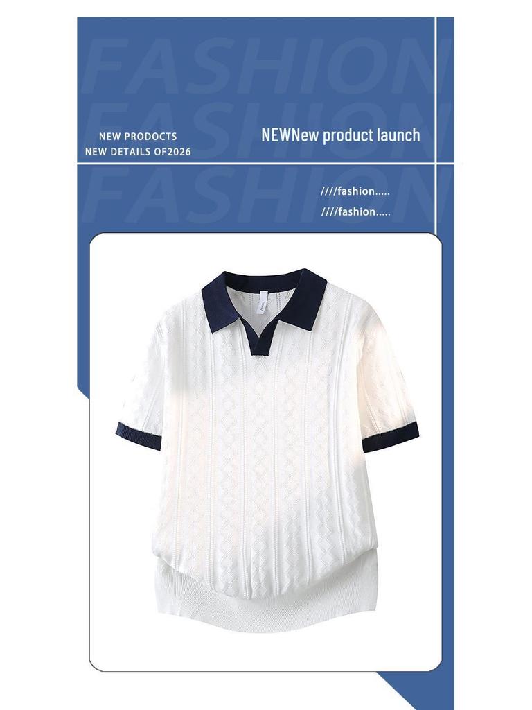 2026 Men's V-Neck Italian Color Block Short Sleeve Polo – Breathable, Trendy, Elastic Jacquard Texture for Summer