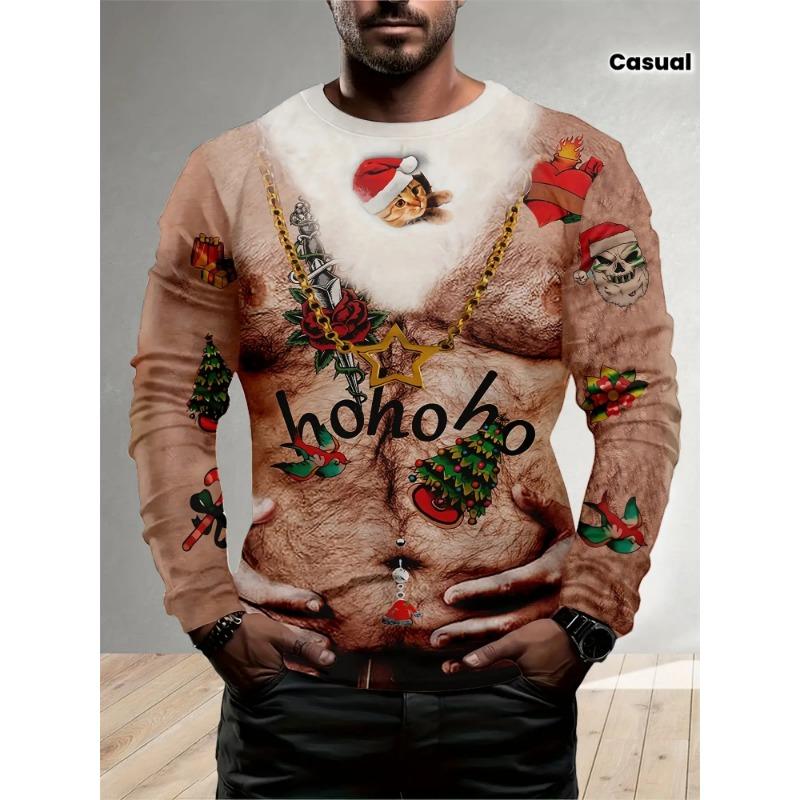 Christmas-Themed Long-Sleeve T-Shirt for Men Made of Comfortable And Breathable Fiber, Featuring a Quirky Santa Claus Print Design