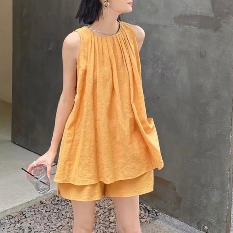 Sommer Stilvolle Falten Passende Sets Ärmellos Locker O-Ausschnitt Zweiteiliges Set Basic Einfarbig Lässige Shorts Sets