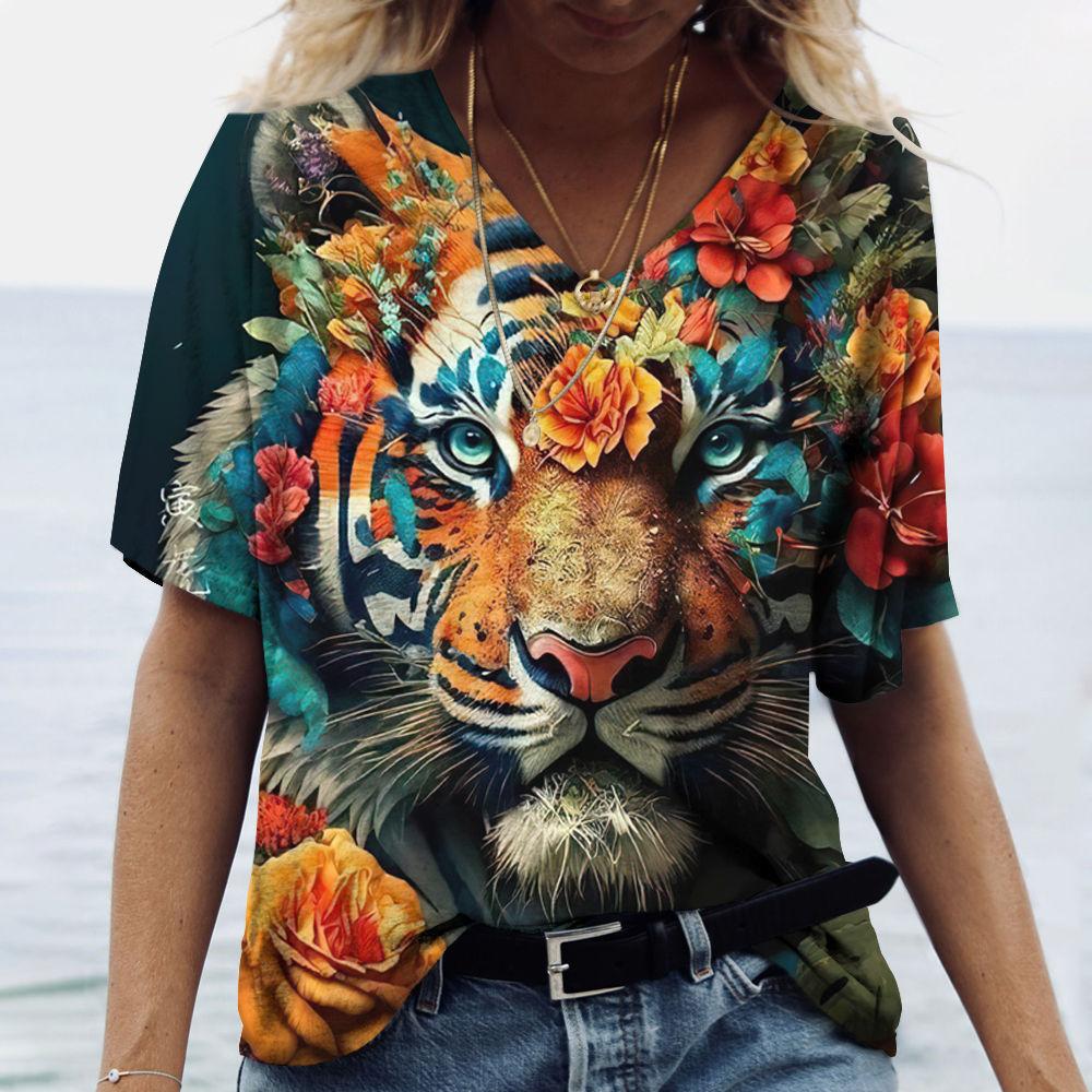 2025 New Fashion Women's Short Sleeved T-shirt Rest Loose Tee Personalized Printed Summer V-Neck Top