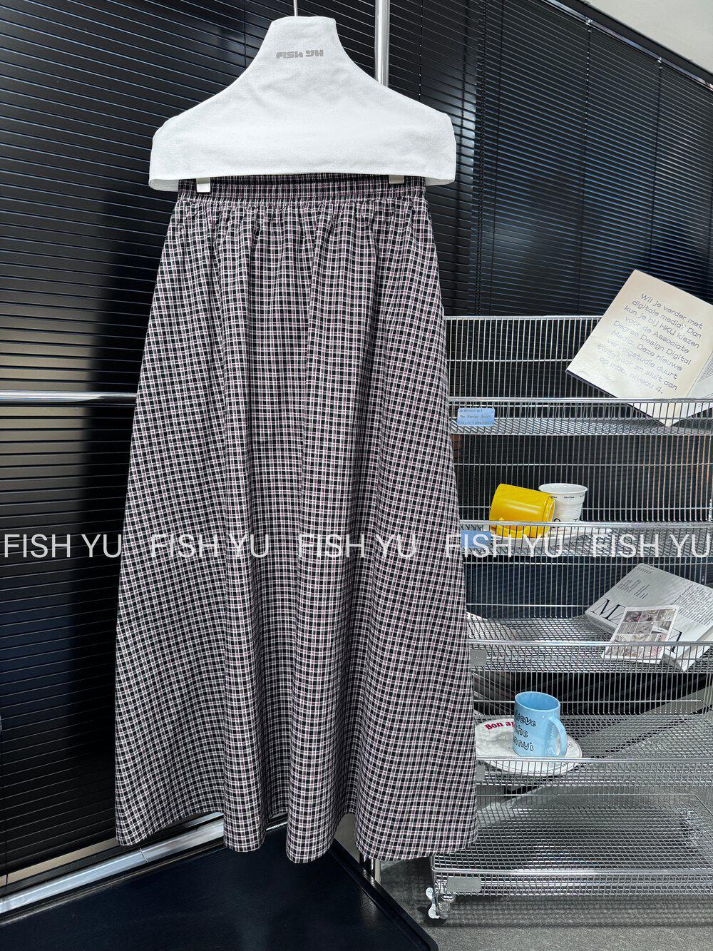 FISHYU Юбка-трапеция в клетку с эластичным поясом, свободная, в стиле ретро, для ранней весны - Корейский стиль One Size красный