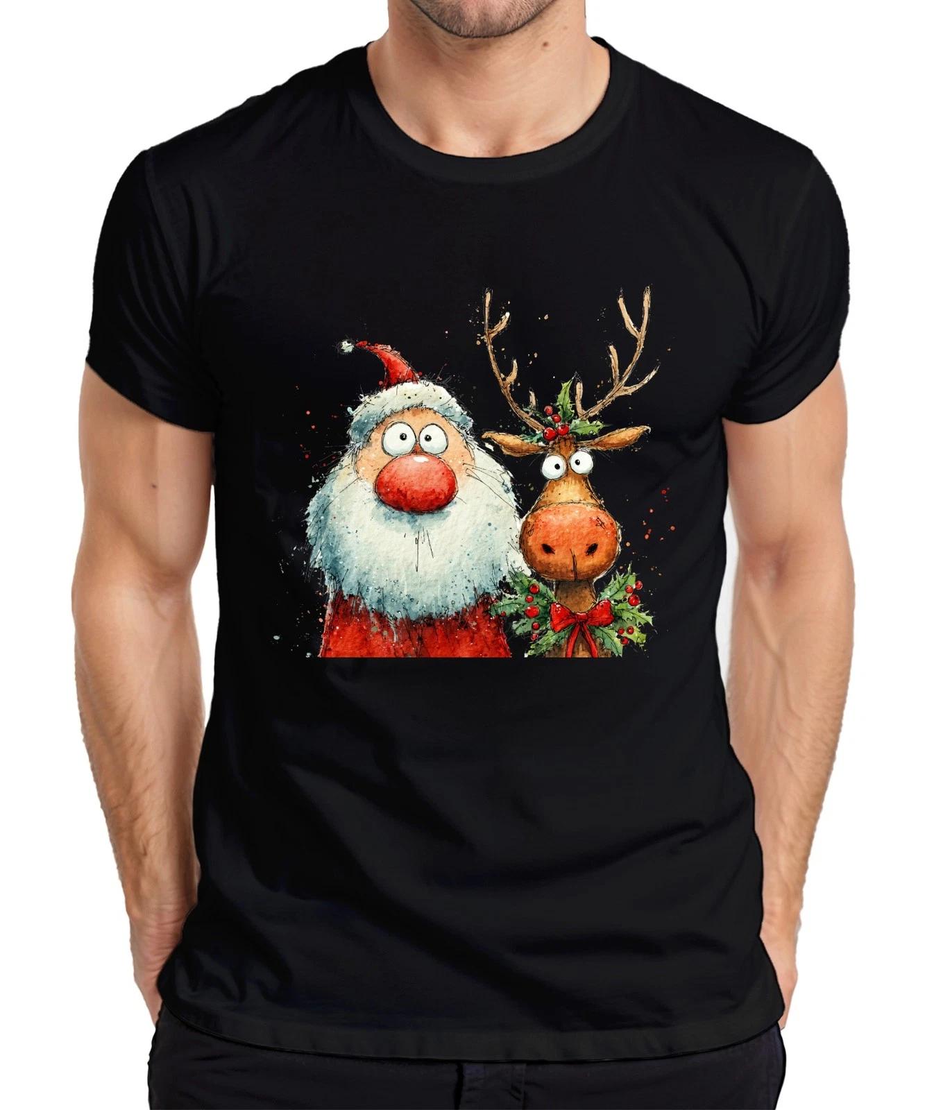 Funny Santa Claus and Reindeer Watercolour Christmas Gift Mens T-Shirt- 3XL