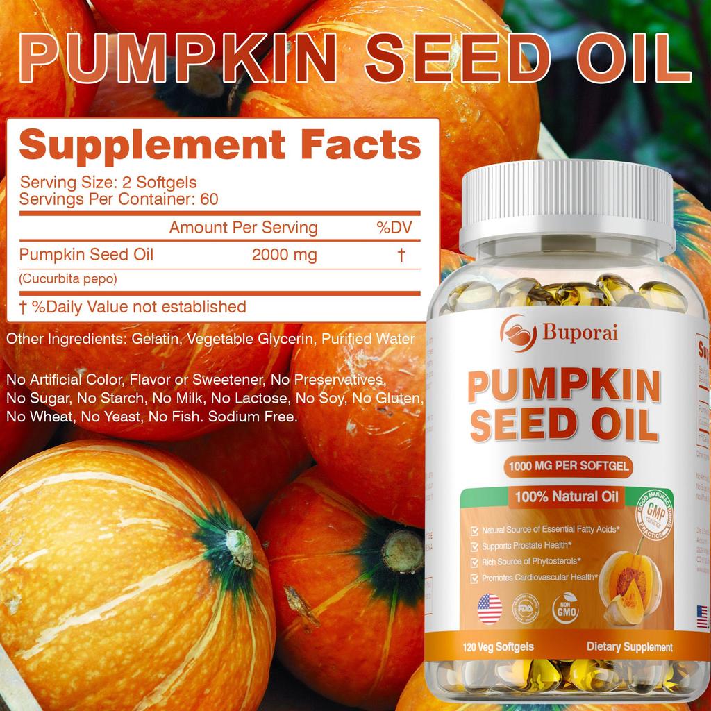 Pumpkin Seed Oil Capsules 2000mg for Brain Boost Prostate Urinary Function Health Cardiovascular Health Hair Growth Boost Metabolism