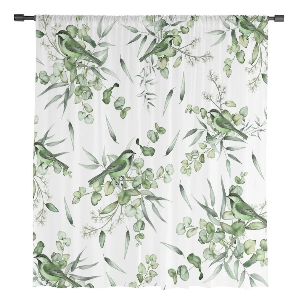 Summer Green Leaves Bird Watercolor Sheer Curtains for Living Room Decoration Window Curtain Kitchen Tulle Voile Organza Drapes