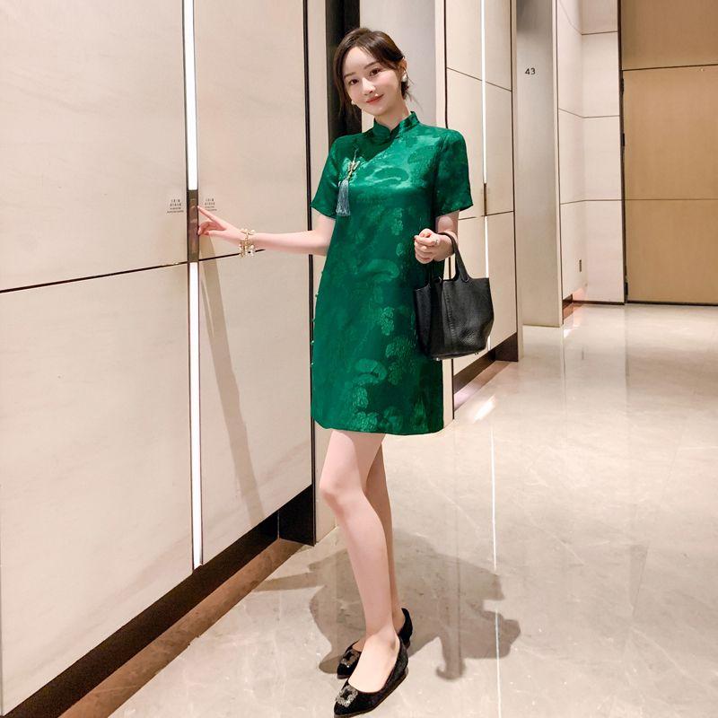 

Chinese Style Green Daily A- line plus Size Cheongsam Dress Emerald green S