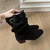 Belt Buckle Suede Thick Heel Short Boots Women's 2025 Autumn and Winter New Retro Square Head Pleated Pile Boots Western Cowboy Boots