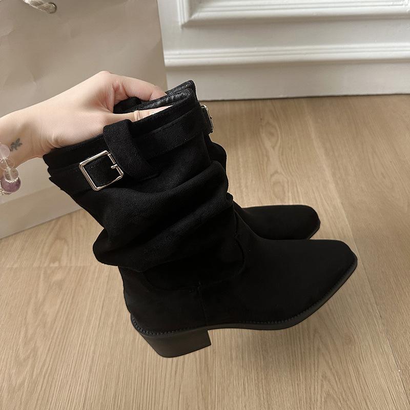 Belt Buckle Suede Thick Heel Short Boots Women's 2025 Autumn and Winter New Retro Square Head Pleated Pile Boots Western Cowboy Boots