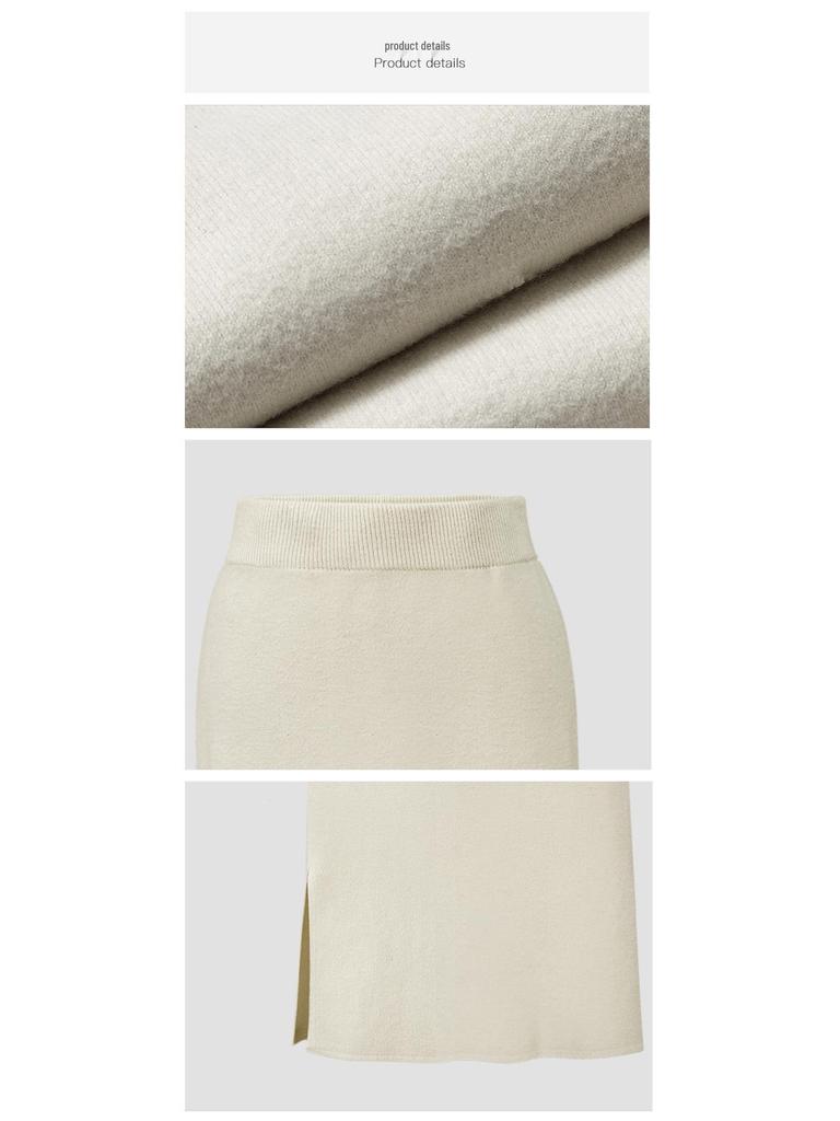 Women's Wool Knit High-Waist Midi Skirt – Large Size, Thick, Split Hem for Autumn/Winter