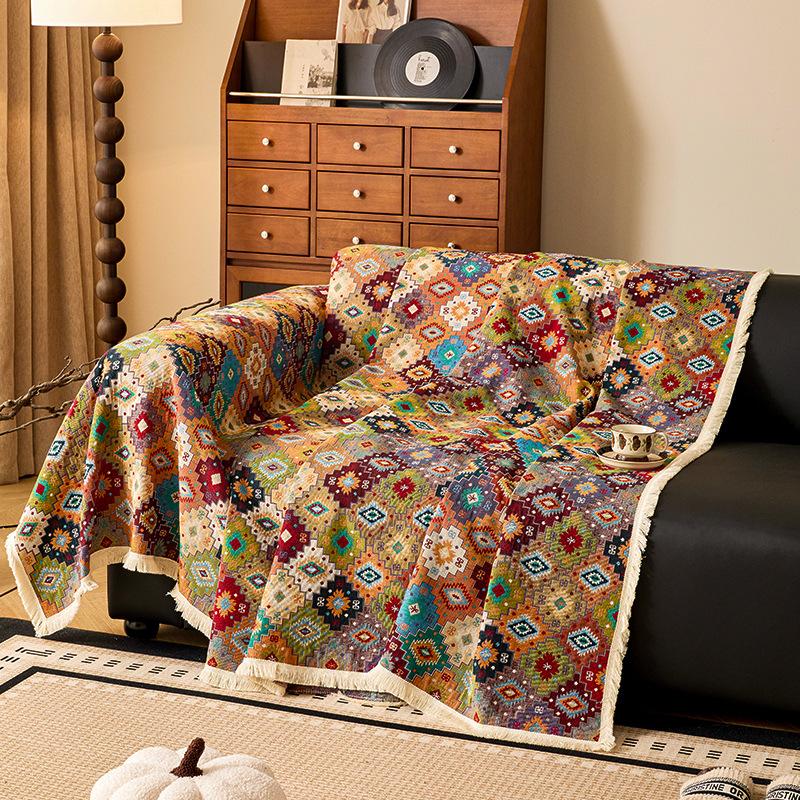 Jacquard Cotton Linen Sofa Towel Ethnic Style Thicken Settee Cloth Retro Style Living Room Dust Cover Multi Functional Blanket