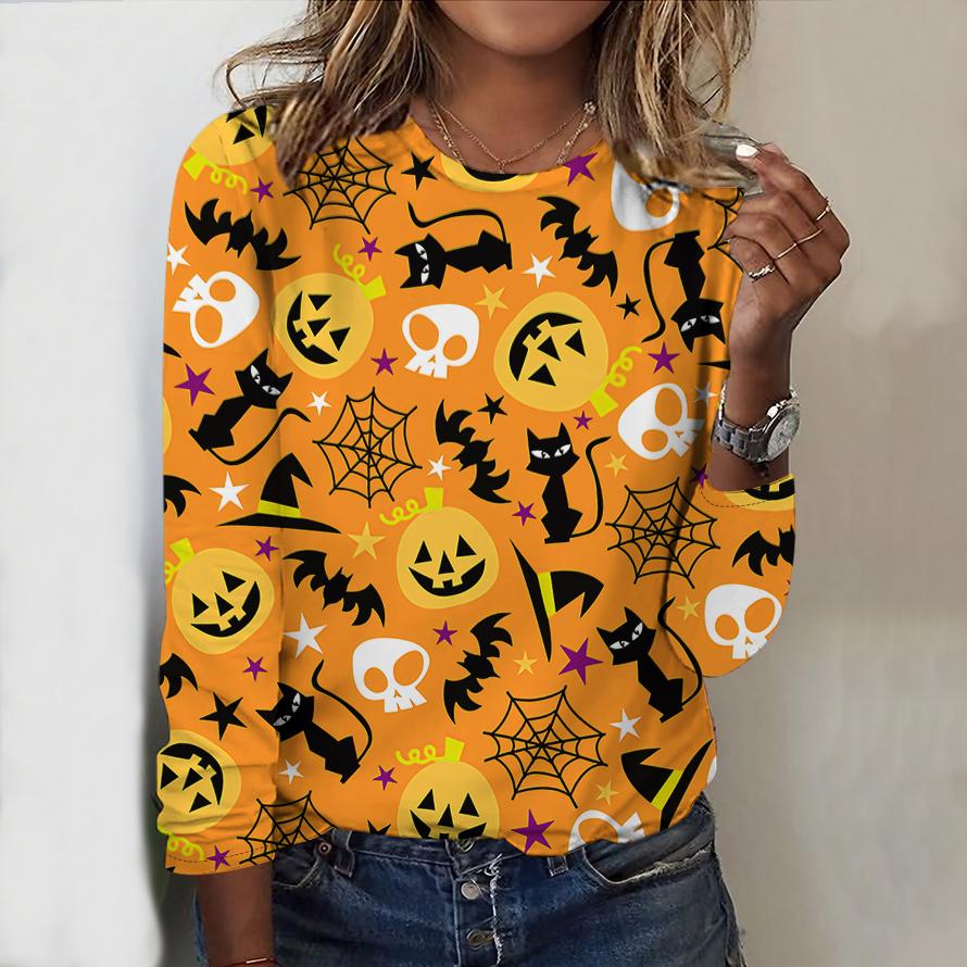 2025 Podzim & Zima Dámský Nový Ležérní Top s Kulatým Výstřihem a Dlouhým Rukávem 3D Halloweenský Vzor Ideální Halloweenský Vánoční Dárek