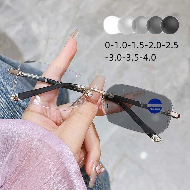 Finished Frameless Myopia Glasses Men Women Ultra Light Cut Edge Glasses Frame Anti Radiation Photochromic Near Sight Goggle