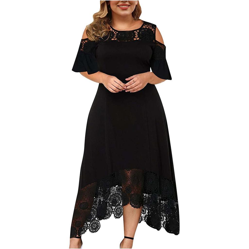 Women Lace Patchwork Ruffle Sleeve Pullover Dress Cold Shoulder Midi Dress with Floral Hemline for Casual and Semi-Formal Wear
