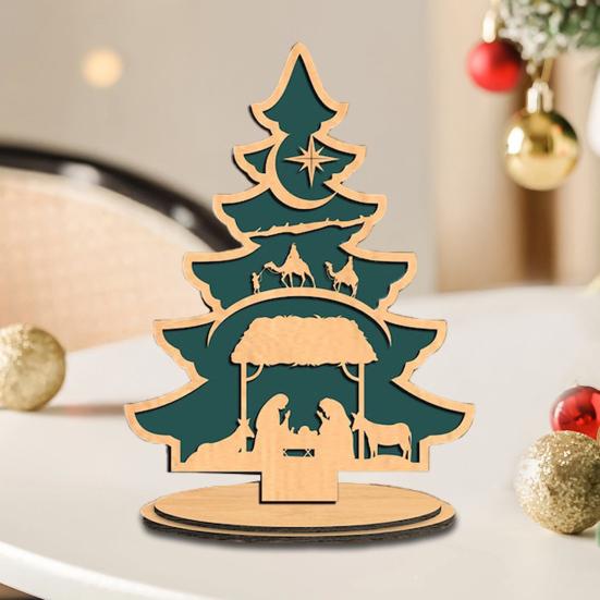 Christmas Tree Table Sign Decoration Farmhouse Rustic Jesus Nativity Wooden Ornament with Base Home Office Bookshelf Desktop Decor