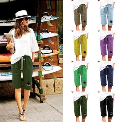 Plus Size Shorts For Women Stretchy Curvy Cotton Linen Drawstring Elastic Waist Bermuda Shorts Casual Beach Clothes