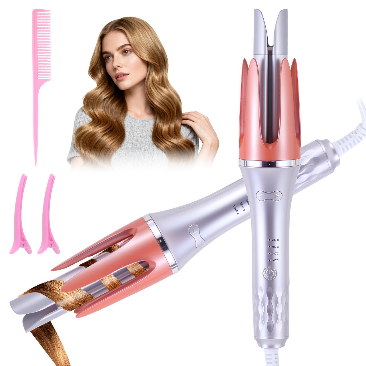 

Automatic Hair Curler with Temperature Control, 360° Rotating Curling Iron for Long/Short Hair + Hair Clips & Comb серебряный