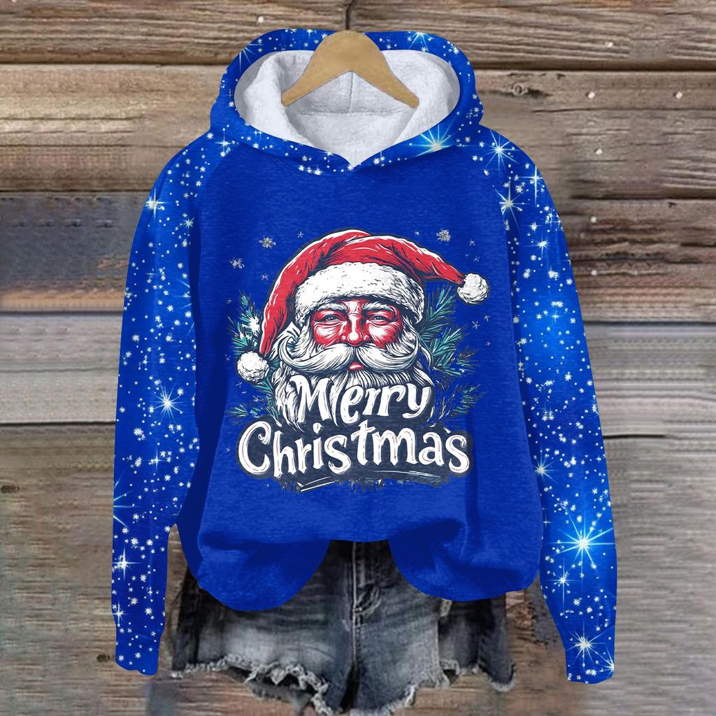 Women's Fashion Pullover Plunging Sleeve Christmas Printed Hooded Sweatshirt