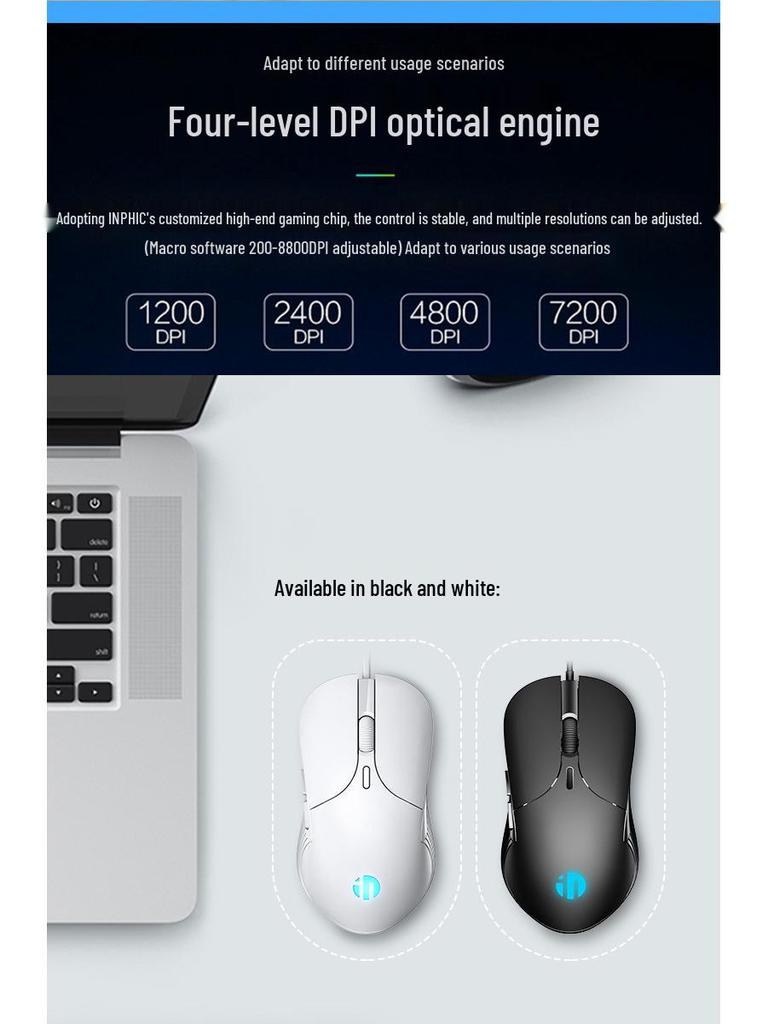 INPHIC B1 Silent Gaming Mouse, Wired, 6 Programmable Buttons, 8800 DPI, Luminous Design, Free Shipping