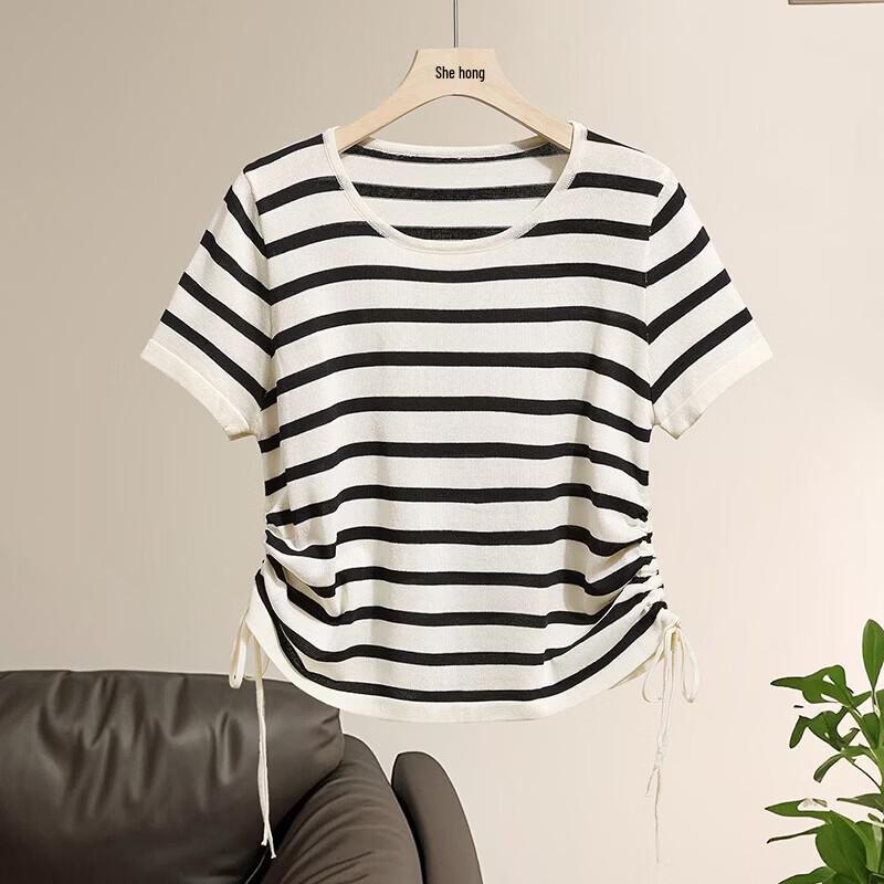 Women s Pleated Waist Color Block Striped Knit T-shirt One Size