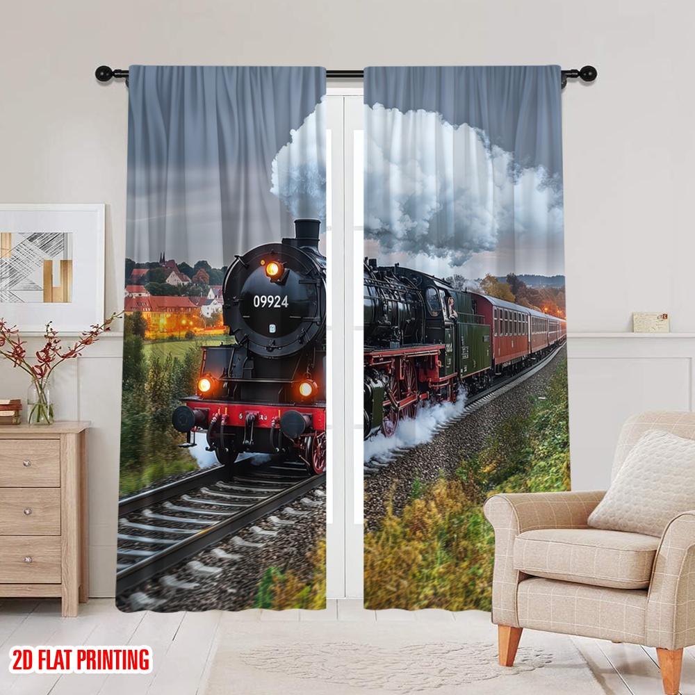 Set Of 2 Flat Printing Drapes Old Steam Train Railway Track Spring Nature Landscape Light Filter Festive Backdrops Curtain Made Polyester