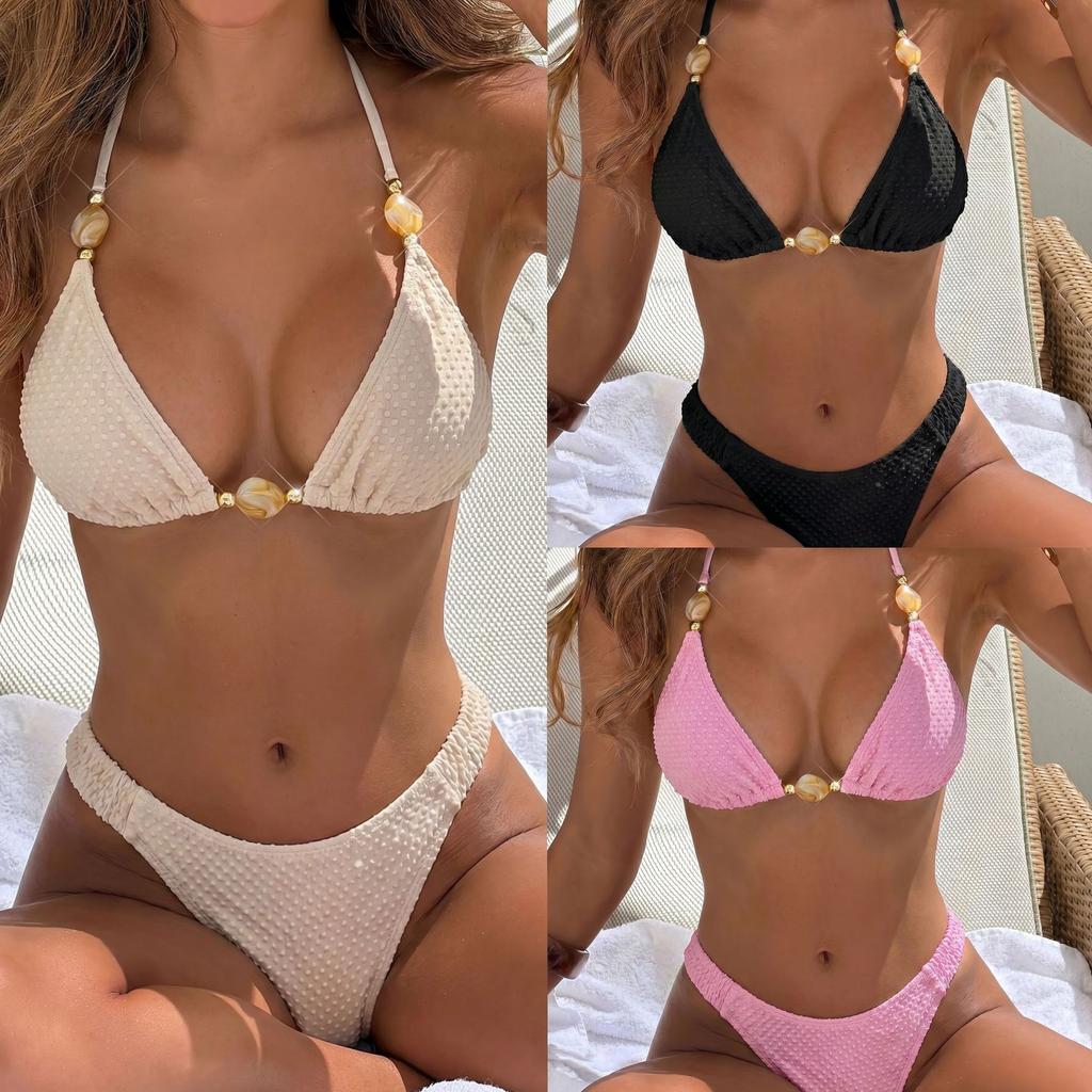 2026 European and American New Sexy Solid Color Neck Wearing Beads Beach Women Split Bikini Bikini Swimsuit