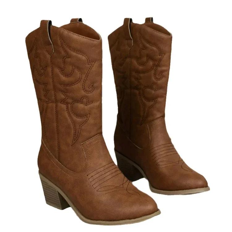 

Зима 2025 Женские Классические Вестерн Сапоги до Колена для Девочек Премиум Качества Натягивающиеся Ковбойские Длинные Ботильоны Осенние Ботильоны на Каблуке с Острым Носком 41 коричневый