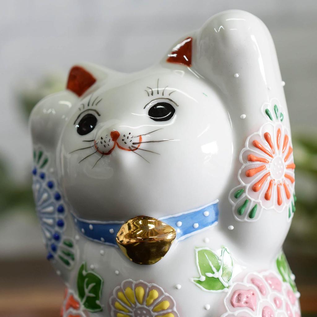 Cute Kutani Ware Figurine from Waza No Featuring a Beckoning Cat In a Flower Garden A Perfect Gift for Store and 88th Maneki-neko Kura, Raised-arm