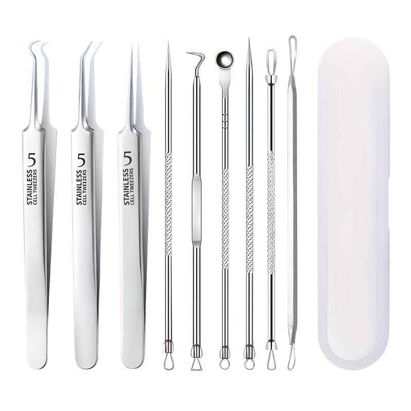 9pcs Blackhead Remover Pimple Popper Tool Kit Acne Blemish Pimple Extractor Needle Facial Comedone Clip Blackhead Tweezer
