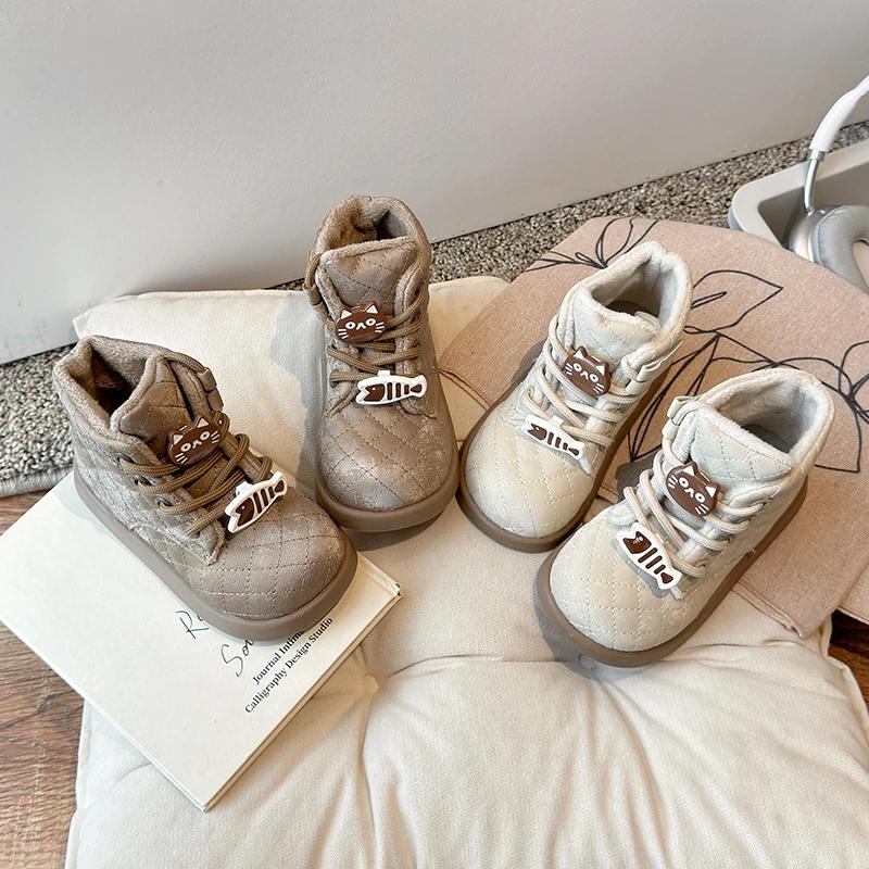 Cute Winter Girls' Boots Cartoon Cat Trend Children Fashion Thick Bottom Cotton Boots 2024 New Versatile Kids Causal Ankle Boots