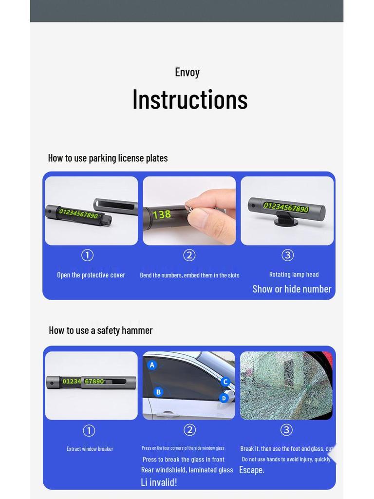 Multi-Function Car Safety Hammer & Emergency Glass Breaker with Parking Number Plate