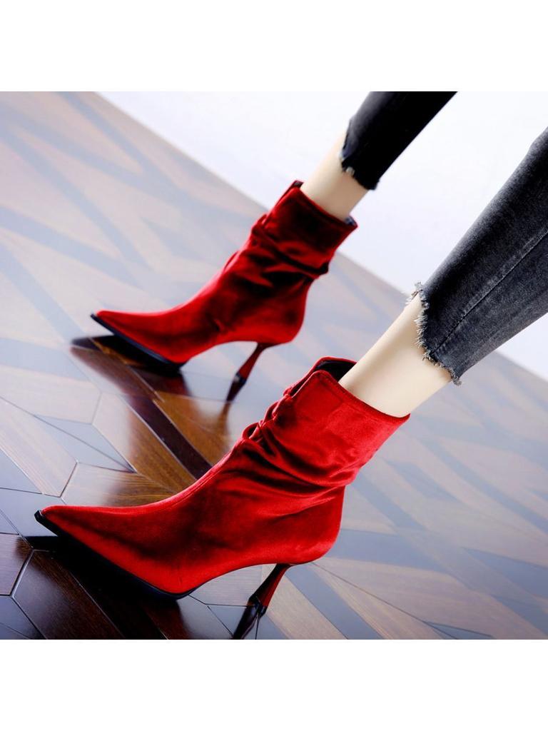 Elegant Pleated Pointed High-heeled Boots 2025 Autumn and Winter New Banquet Red Suede Wedding Shoes Temperament Stiletto Short Boots Women