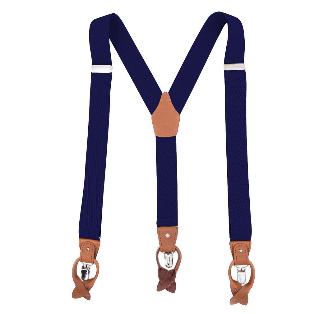 Men 2-in-1 Y-Back Suspenders Elastic 6 Clips Button End Genuine Leather Braces