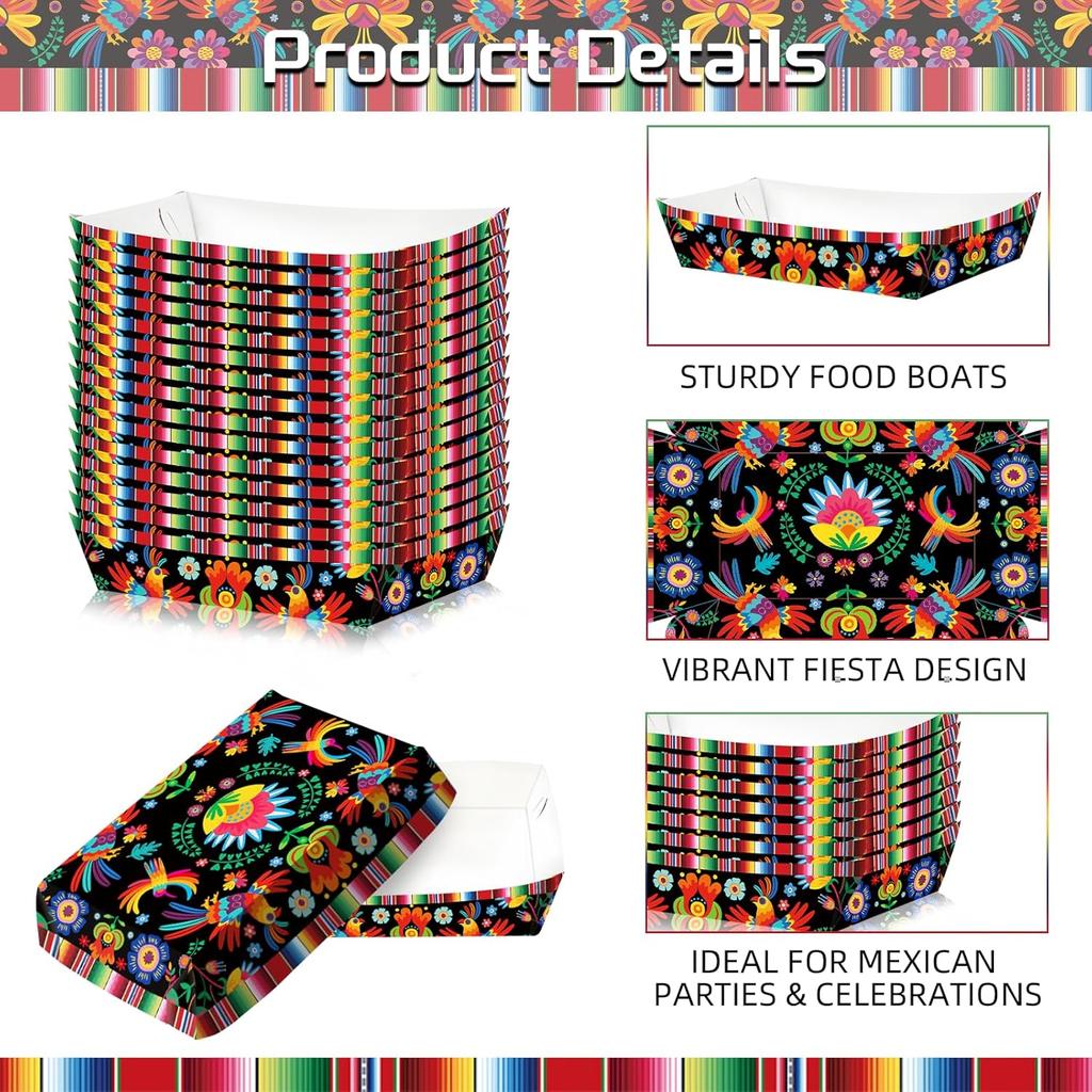 30 Pack Fiesta Mexican Food Trays, Floral and Serape Stripe Design Disposable Paper Serving Containers Boats for Taco Nights, Nachos, Fries, Popcorn,