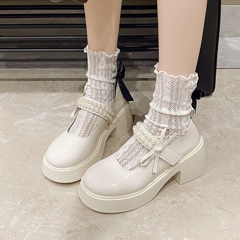 French Fairy Style Pearl Platform Single Shoes Leather Shoes 2025 Autumn New Internet Celebrity Korean Version Sweet Skirt Mary Jane Shoes