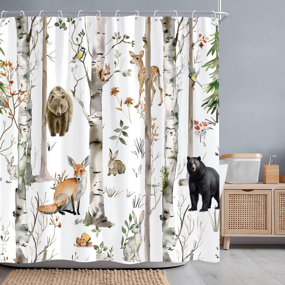 Forest Animals Watercolour Shower Curtain Deer Bear Fox Squirrel Flower Polyester Fabric Bath Curtains Bathroom Decor With Hooks