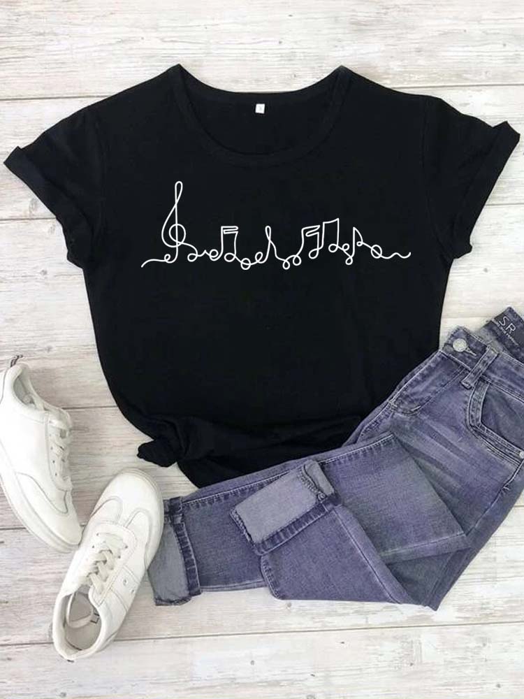 Fashion Women T Shirt Musical Note Printed T Shirt Casual Black Tops 90s Ladies Girls Tee Shirt Female Harajuku Graphic T-shirt