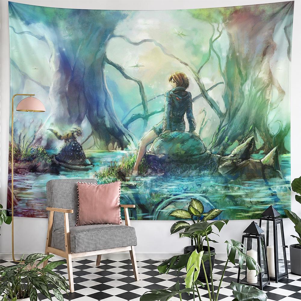 Lovely Girl Mushroom Fantasy Forest Stream Decorative Tapestry, Forest Green Elegant Touch, Elegant Piece for Master Bedroom and Lounge