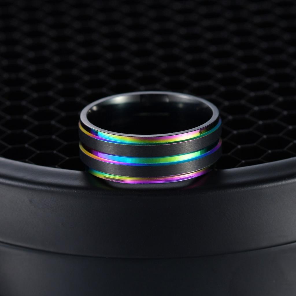 Black Stainless Steel Basic Ring for Men With Rainbow Line Classic Male Wedding Band Multi Color Fraternal Rings