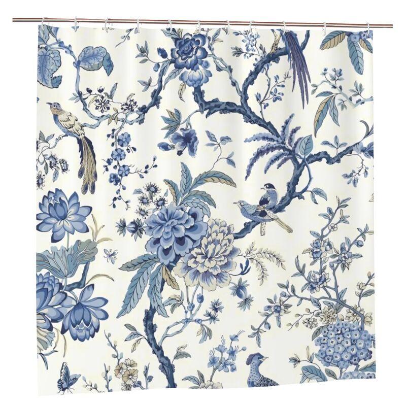 Chinoiserie Shower Curtain Blue and White Outdoor Bule Birds Flowers Washable Waterproof Fabric Bath Curta with Hooks Decor (WHITE,180*180cm) белый
