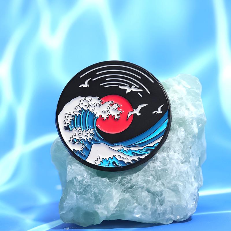 Ukiyo-e Style Wave Enamel Pins Ocean Sunrise Sunset Shark Mount Fuji Brooches Lapel Backpack Badge Jewelry Gift for Friends