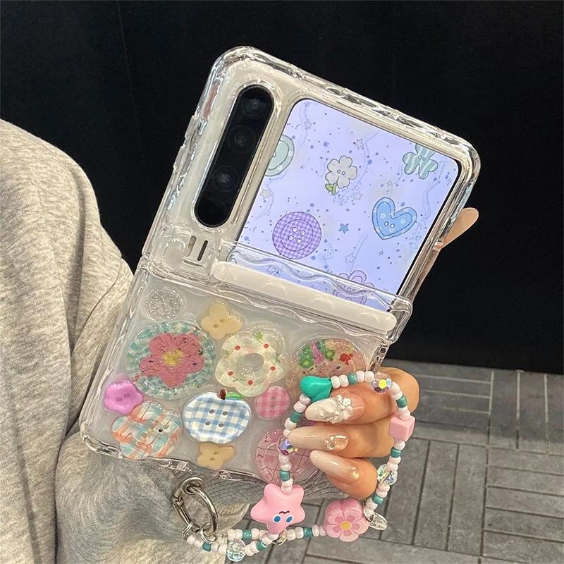 Z Flip7 Case Cute 3D Button Magnetic Hinge Clear Phone Case For Samsung Galaxy Z Flip 7 Zflip6 Zflip5 / Xiaomi Mix Flip Protective Cover