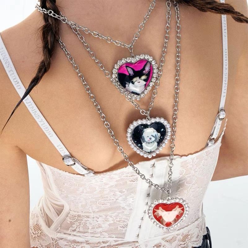 Lovely Pet Themed Long Chain Necklace With Heart Shape Cats And Dog Pendants Sturdy Stainless Steel