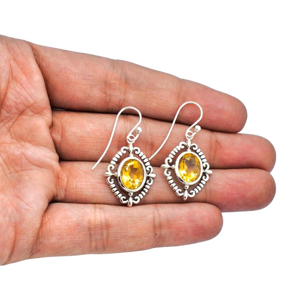 Handmade 925 Sterling Silver Citrine Drop Earrings – Natural Yellow Gemstone Ornate Vintage Dangle Jewelry for Women