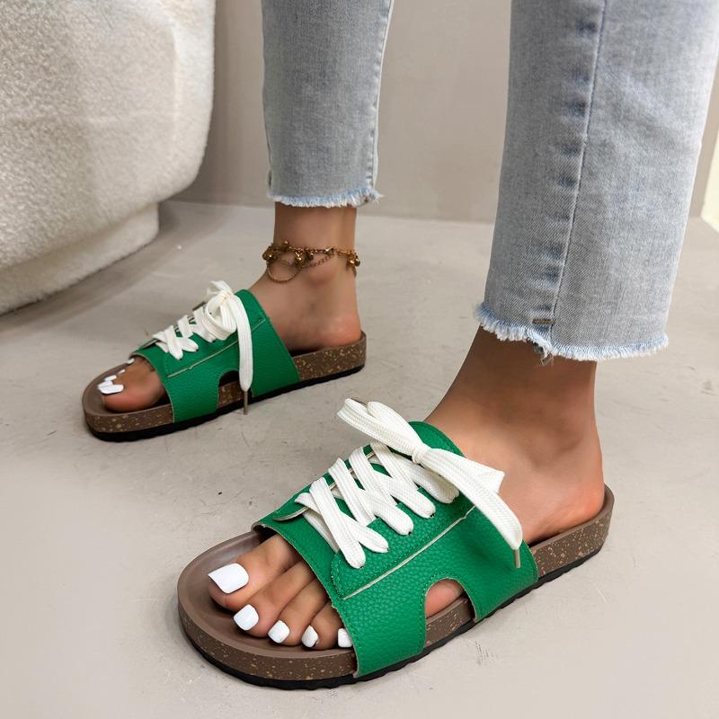 

Мода 2025Женские сандалии Классический кожаный верх На шнуровке Шлепанцы На плоской подошве Нескользящие Прочные сандалии Удобные для ходьбы 36 зелёный