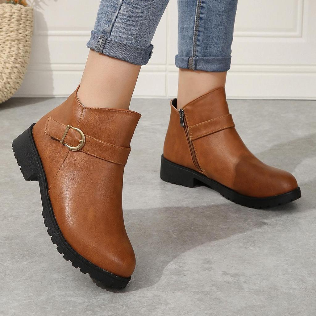 Winterstiefel aus PU-Leder mit kurzen Röhren für Damen, grenzüberschreitend, große Größe, runder Kopf, seitlicher Reißverschluss, dicker Absatz, Stiefel 35-42