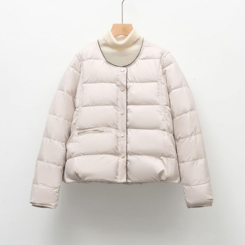 

Однотонная короткая куртка-пуховик с длинными рукавами, женская новая модная простая куртка с круглым вырезом, на утином пуху, осенне-зимнее пальто M белый