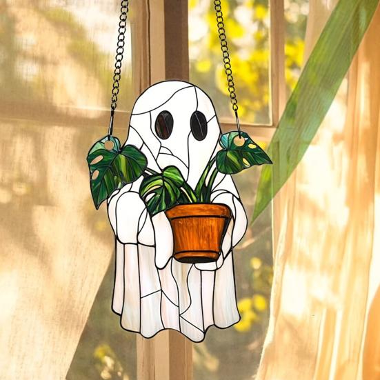 Halloween Suncatcher Stained Glass Window Hanging Sun Catcher Acrylic Ghost Plant Bookshelf Decoration for Window Wall Art Decor