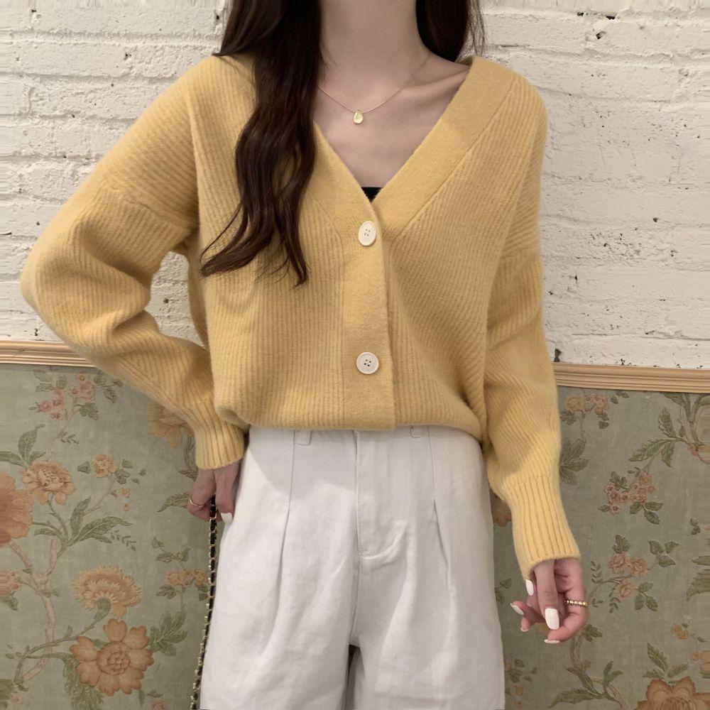 Vintage v-neck knitted cardigan jacket spring and autumn new loose lazy wind soft waxy sweater women