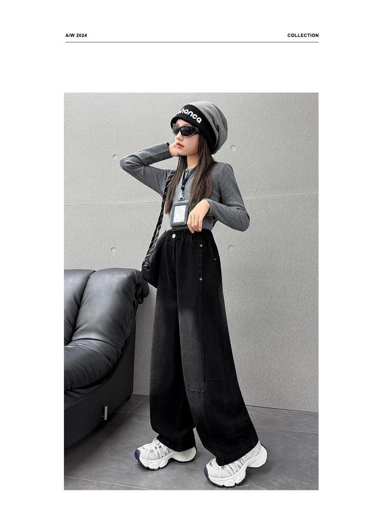 Girls' Black Jeans - 2025 Spring/Autumn, Trendy Loose Fit with Curved or Straight Leg Options.