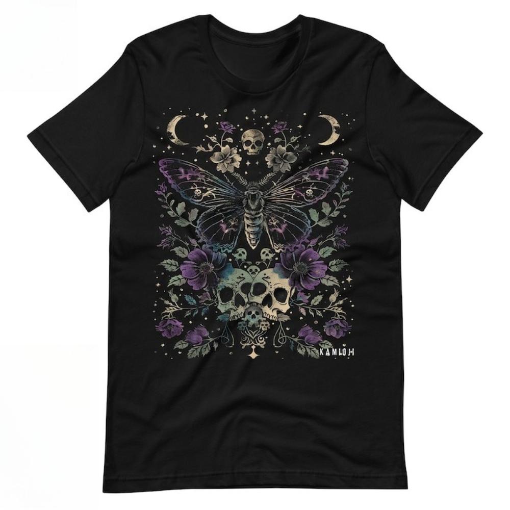 Gothic Luna Moth Tshirt Witchy Floral Skull Shirt Dark Academia Cotton Graphic T Shirts Woman Man Vintage Streetwear Camisetas S