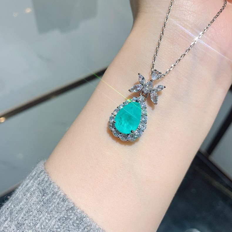 Simulation Paraiba Blue Noblewoman Pendant Emerald Bride Vintage Jewelry Necklace Earring Set